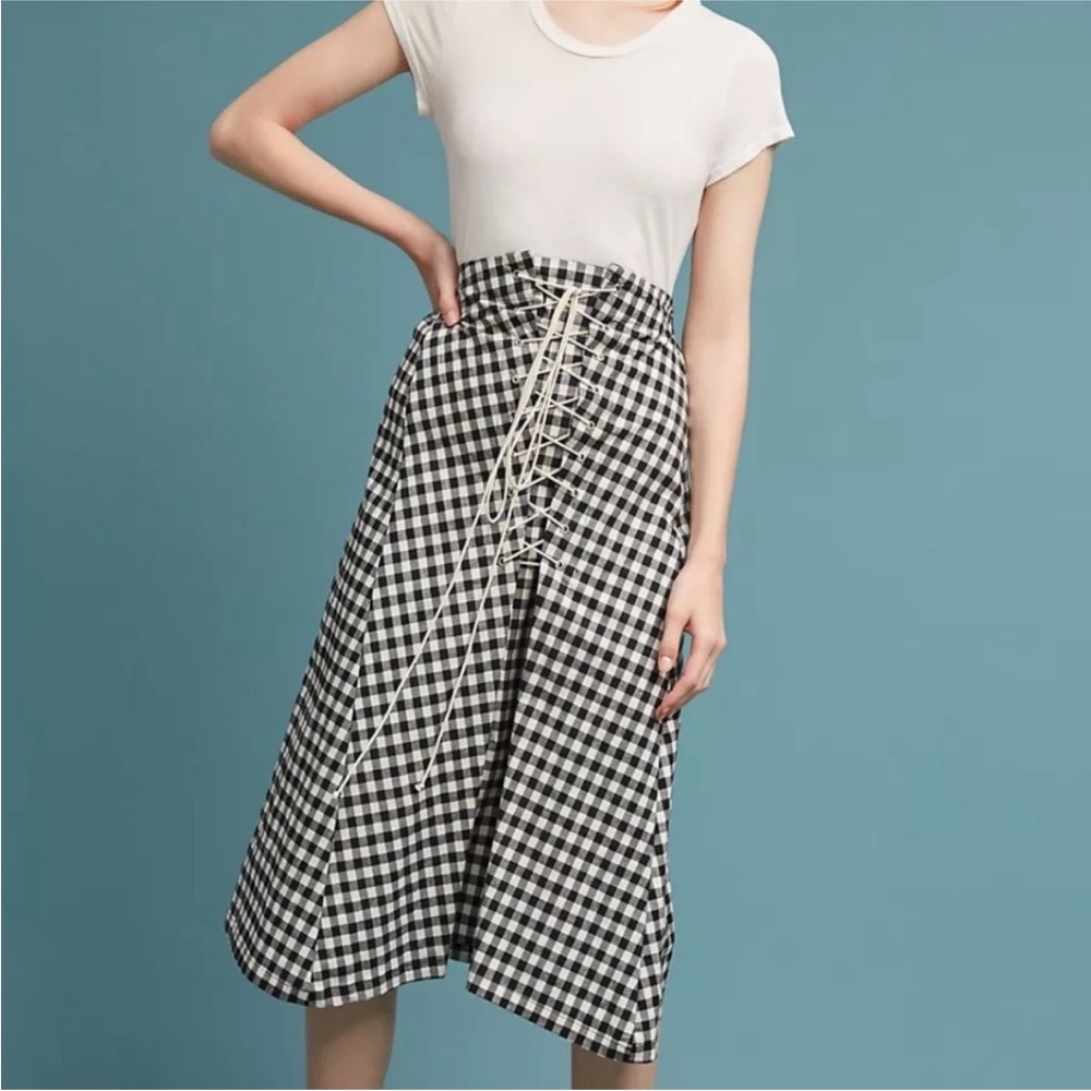 Anthropologie Eva Franco Lace Up Gingham Plaid Midi Skirt, Sz Medium